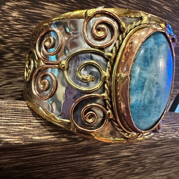 Artisan-Made 2-inch Wide Cuff Bracelet with Apatite Stone and Mixed Metals, Adj - Picture 3 of 12